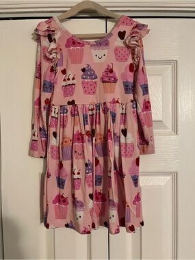 Pink Cupcake Print Kids Dress with Ruffle Sleeves